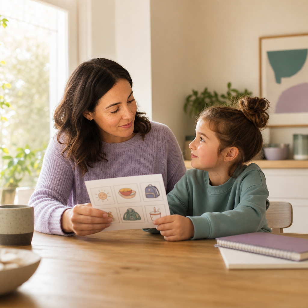 Parent and child calmly reviewing a daily routine together