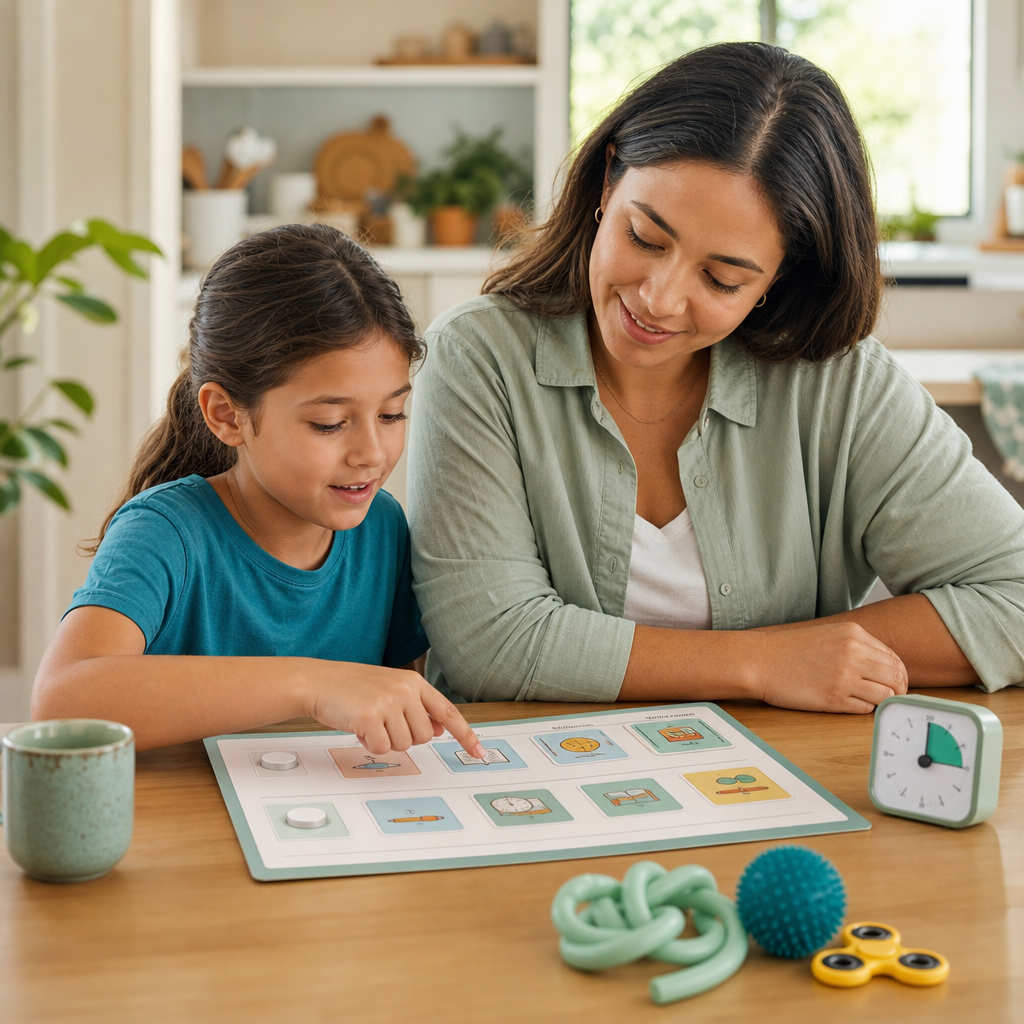 Parent and school-age child using a visual ADHD routine board together